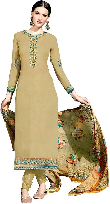 Taos-Taupe Long Chudidar Kameez Suit with Embroidered Patches and Digital-Printed Chiffon Dupatta