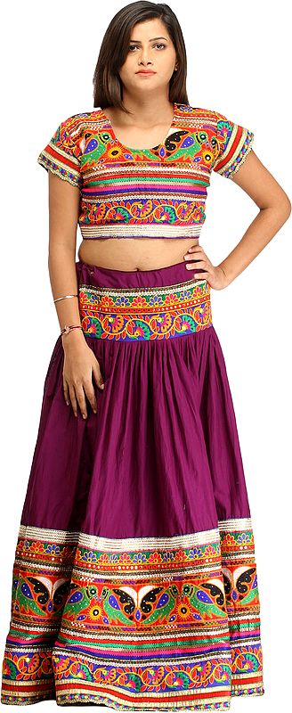 Wood-Violet Two-Piece Lehenga Choli with Floral-Embroidery and Mirrors