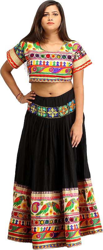 Phantom-Black Two-Piece Embroidered Lehenga Choli with Embroidered Parrots and Mirrors