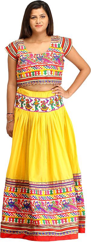 Yellow and Red Embroidered Two-Piece Lehenga Choli with Depicting Dandia Dance and Embroidered Peacocks