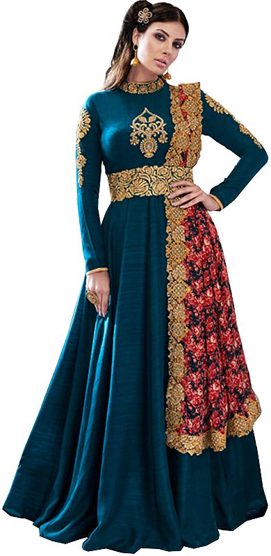 Lyons-Blue Floor Length Suit with Zari-Embroidery and Floral Printed Dupatta