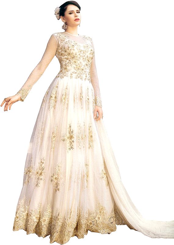 Ivory Wedding Floor Length Suit with Floral-Embroidery and Crystals