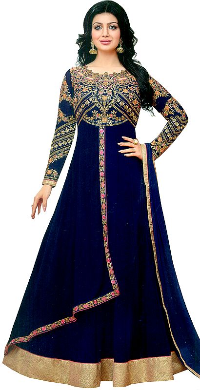 Ribbon-Blue Ayesha Designer Anarkali Suit with Embroidery and Sequins