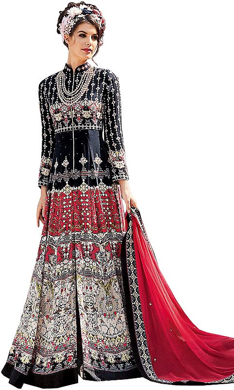 Black and Red Printed Floor-Length Anarkali Suit with Crystals