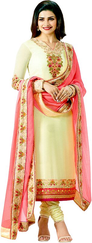 Vanilla Cream and Pink Prachi Designer Long Chudidar Kameez Suit with Floral-Embroidery