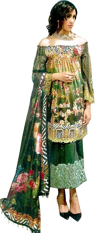 Multi-colored Floral Printed Parallel Salwar Suit with Chiffon Dupatta