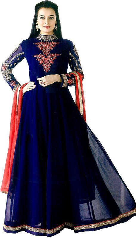 Navy-Blue Dia Mirza Long Suit with Embroidery and Crystals