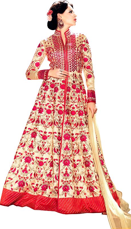 Cream and Red Wedding Anarkali Suit with Embroidery All-Over and Sequins
