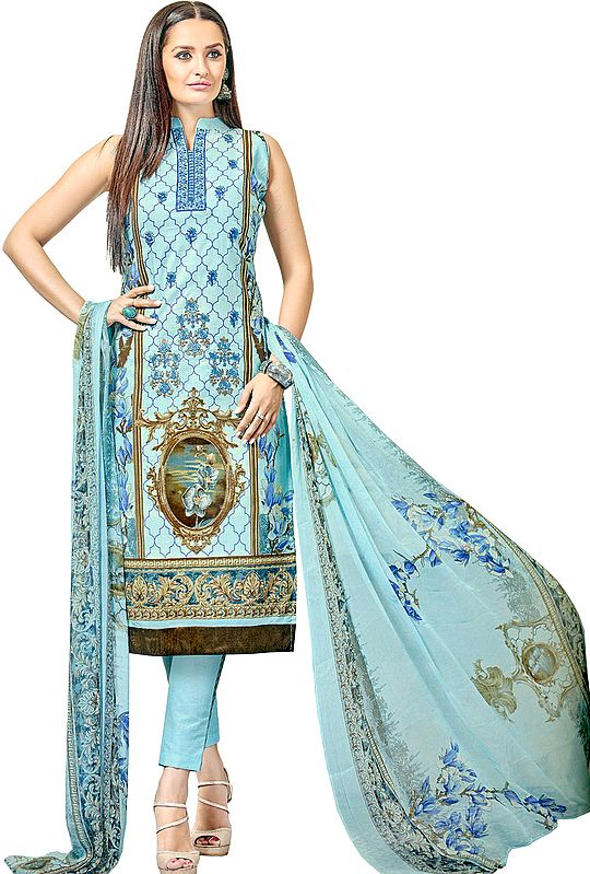 Glass-Blue Printed Parallel Salwar Kameez Suit with Embroidered Patch on Neck and Chiffon Dupatta