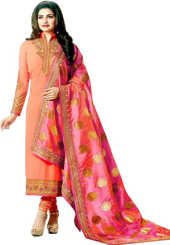 Peach-Nectar and Pink Prachi Choodidaar Kameez Suit with Zari-Embroidery and Woven Bootis on Dupatta