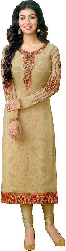 Apricot-Gelato Ayesha Long Chudidar Kameez Suit with Embroidery and Floral Print