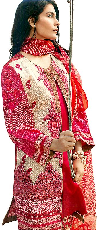 Bright-Rose Printed Parallel Salwar Kameez Suit with Chiffon Dupatta