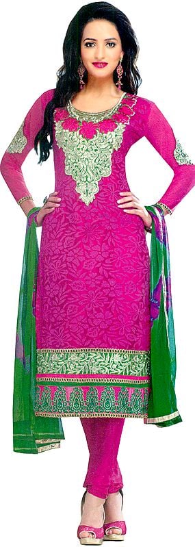 Raspberry-Rose Chudidar Kameez Suit with Floral Weave in Self and Embroidered Patches
