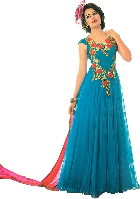 Cyan-Blue and Pink Wedding Gown with Embroidered Roses and Beads