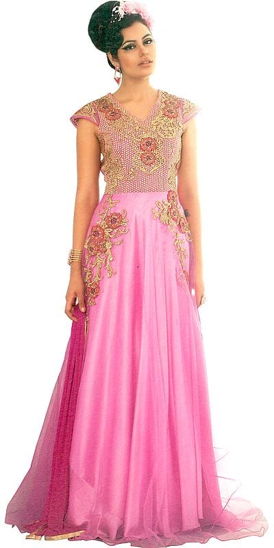 Fuchsia-Pink Wedding Gown with Zari-Embroidery and Sequins