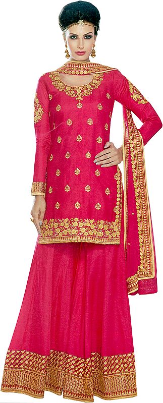 Hot-Pink Wedding Floor Length Sharara Salwar Kameez Suit with Golden-Embroidery and Sequins