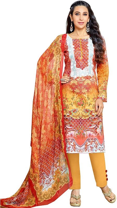 Red and Marigold Karishma Digital-Printed Trouser Salwar Kameez Suit with Embroidered Patch on Neck and Chiffon Dupatta