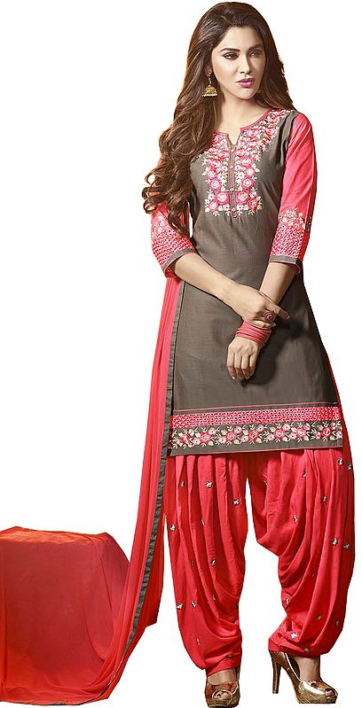 Gray and Pink Patiala Salwar Kameez Suit with Floral-Embroidery and Plain Chiffon Dupatta