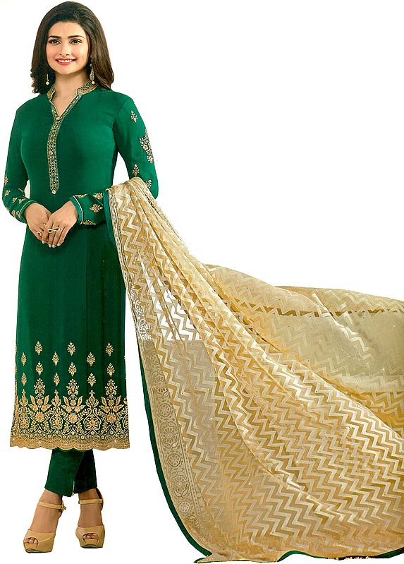 Alpine-Green Prachi Long Trouser Salwar Kameez Suit with Zari-Embroidery and Dupatta in Self-weave