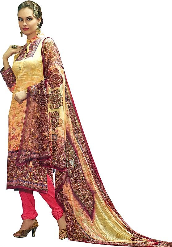 Cream and Pink Churidar Salwar Kameez Suit with Digital-Printed Paisleys and Chiffon Dupatta