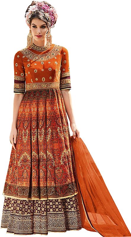 Apricot-Orange Wedding Printed Floor-Length Anarkali Suit with Embroidery and Bead-work