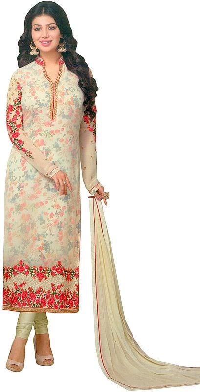 Cream Ayesha Long Embroidered Chudidar Kameez Suit with Digital Printed Flowers and Crystals