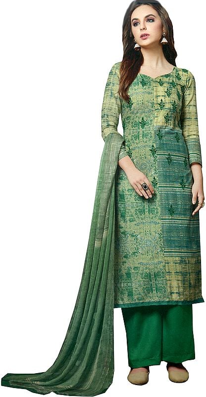 Green Printed Parallel Salwar Suit with Embroidered Bootis and Chiffon Dupatta