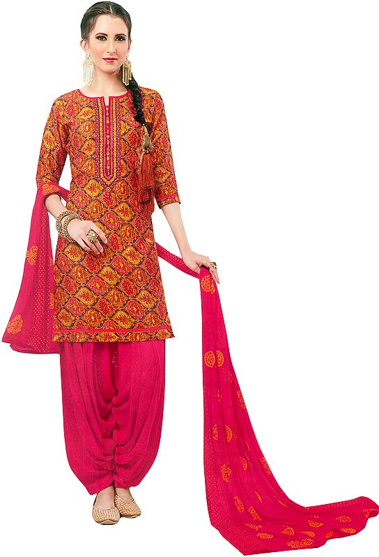 Nugget and Pink Printed Patiala Salwar Kameez Suit with Embroidered Patch on Neck and Printed Chiffon Dupatta