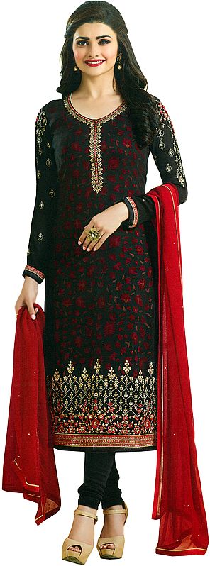 Black and Red Prachi Embroidered Long Choodidaar Kameez Suit with Printed Flowers and Crystals