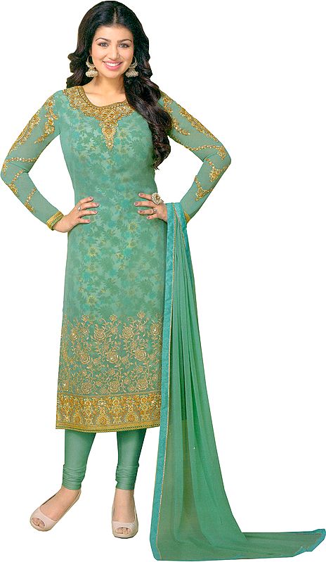Smoke-Green Ayesha Long Chudidar Kameez Suit with Golden-Embroidery and Floral Print