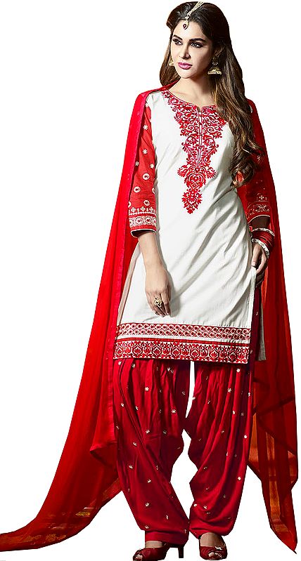 White and Red Embroidered Patiala Salwar Kameez Suit with Bootis on Salwar and Plain Chiffon Dupatta