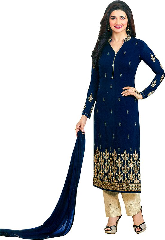 Blue and Cream Prachi Salwar Kameez Suit with Golden Embroidery and Cut-work on Salwar