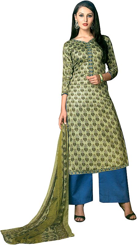 Green and Blue Printed Palazzo Salwar Suit with Embroidered Patches and Chiffon Dupatta