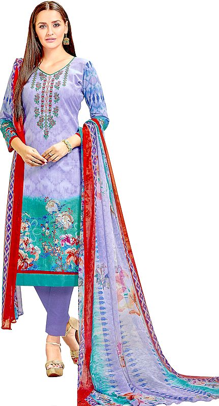 Purple-Heather and Turquoise Long Parallel Salwar Kameez Suit with Printed Flowers and Embroidery on Neck