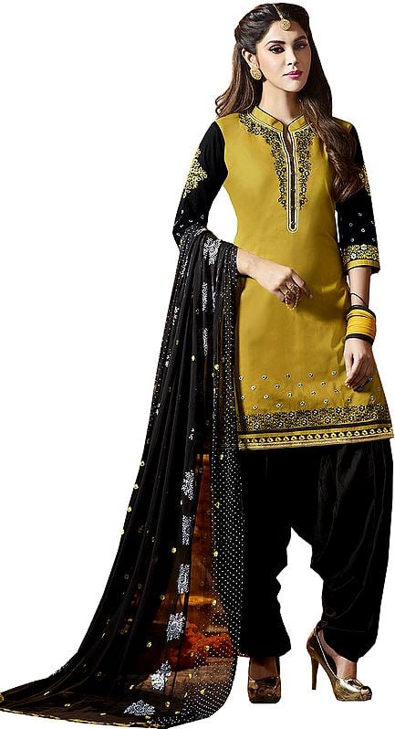 Misted-Yellow and Black Embroidered Patiala Salwar Kameez Suit with Printed Chiffon Dupatta