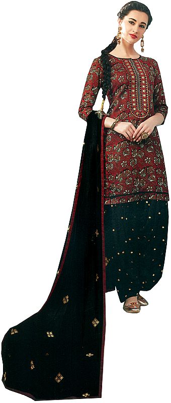 Maroon and Black Floral Printed Patiala Salwar Kameez Suit with Embroidered Patch on Neck and Bootis on Salwar