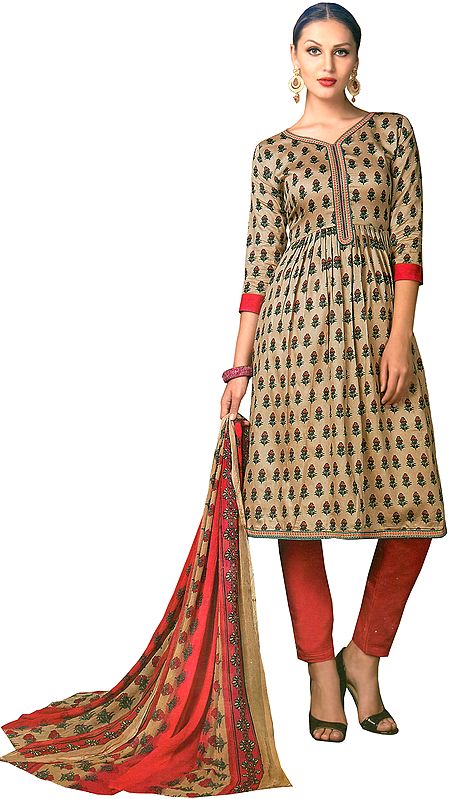 Shifting-Sand and Pink Parallel Salwar Kameez Suit with Printed Bootis and Embroidered Patch on Neck and Border