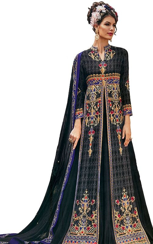 Nine-Iron-Gray Floor-Length Anarkali Suit with Mughal Print and Crystals