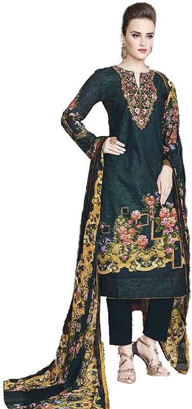 Storm-Green Parallel Salwar Suit with Embroidered Flowers on Neck and Sleeves
