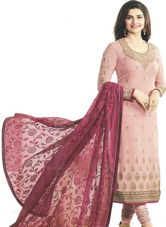 Dusty-Pink and Maroon Long Choodidaar Kameez Suit with Golden-Embroidered Booties