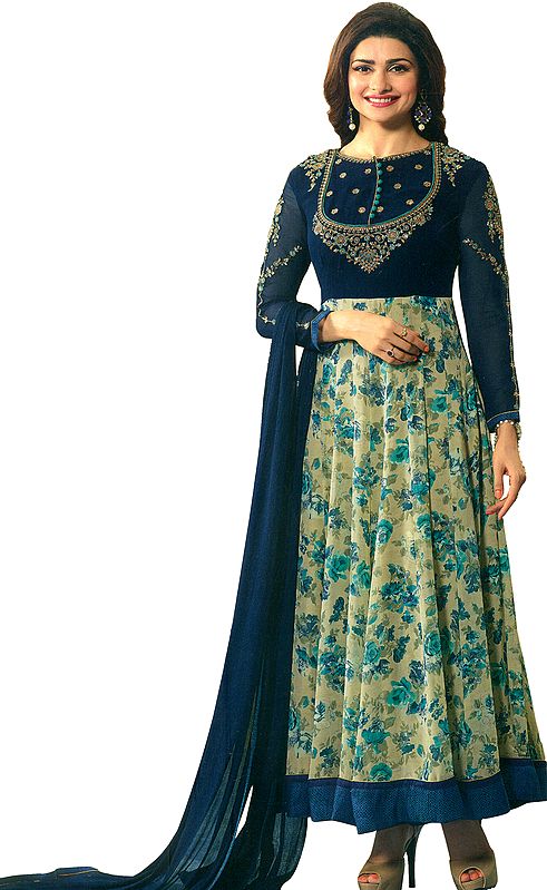 Blue-Sapphire Designer Anarkali Suit with Printed Florals