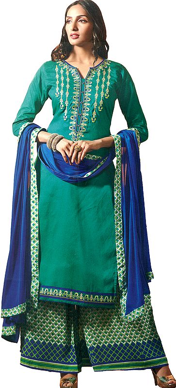 Pepper-Green and Royal-Blue Palazzo Salwar Suit with Embroidery on Neck