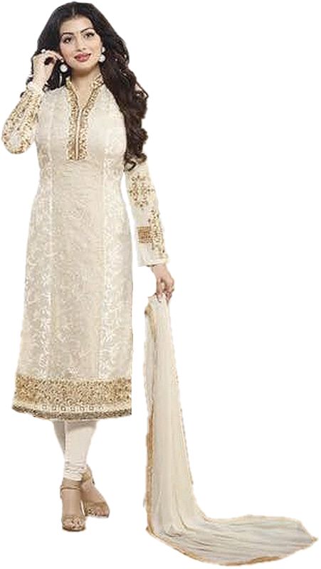 Frozen-Dew Long Embroidered Choodidaar Kameez Suit with Embroidered Flowers All Over