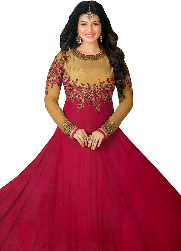 Golden and Pink Ayesha Designer Anarkali Suit with Floral-Embroidery and Crystals