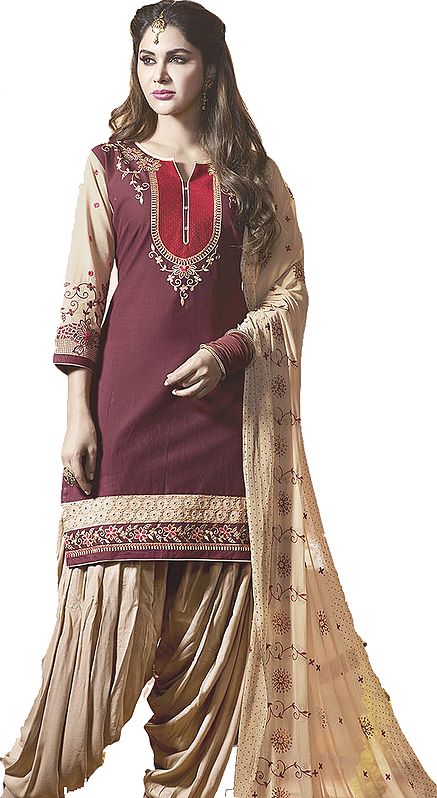 Apple-Butter Digital-Printed Patiala Salwar Kameez Suit with Floral Embroidery