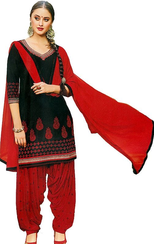 Black and Red Patiala Salwar Kameez Suit with Embroidered Flowers and Booties