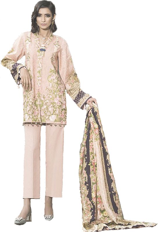 Peach and Purple Digital-Printed Trouser Salwar Kameez Suit with Chiffon Dupatta