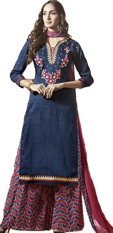 Blue and Red Digital-Printed Palazzo Salwar Suit with Embroidery on Neck