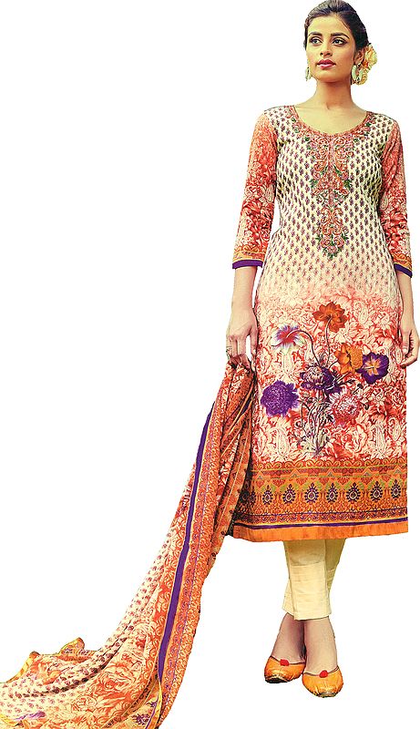 Peach-Parfait Digital-Printed Trouser Salwar Kameez Suit with Embroidery on Neck and Chiffon Dupatta