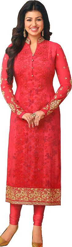 Azalea-Pink Ayesha Long Choodidaar Kameez Suit with Golden-Embroidery and Floral Print
